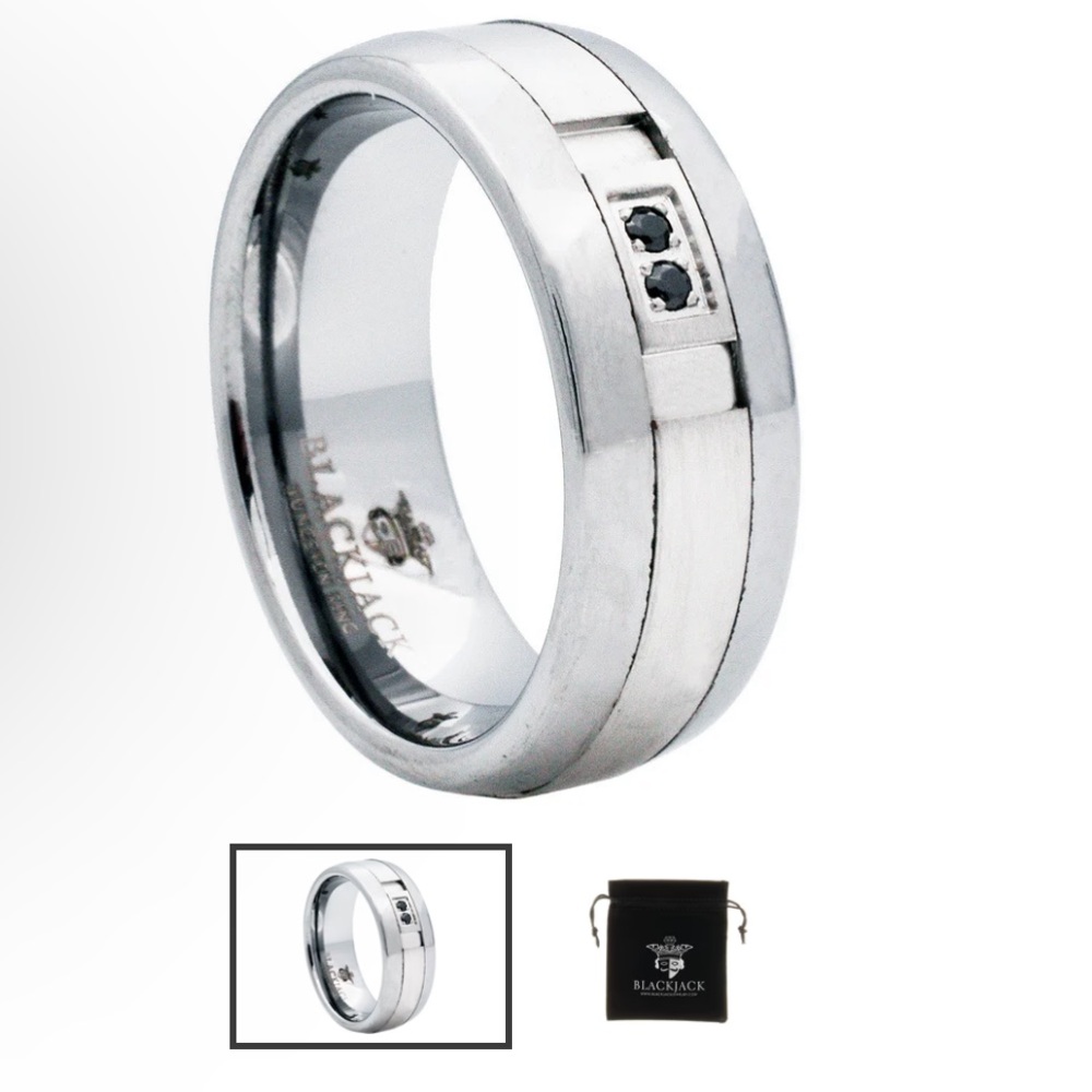 Mens 8mm Brushed And Polished Tungsten Band Ring With Black Cubic Zirconia